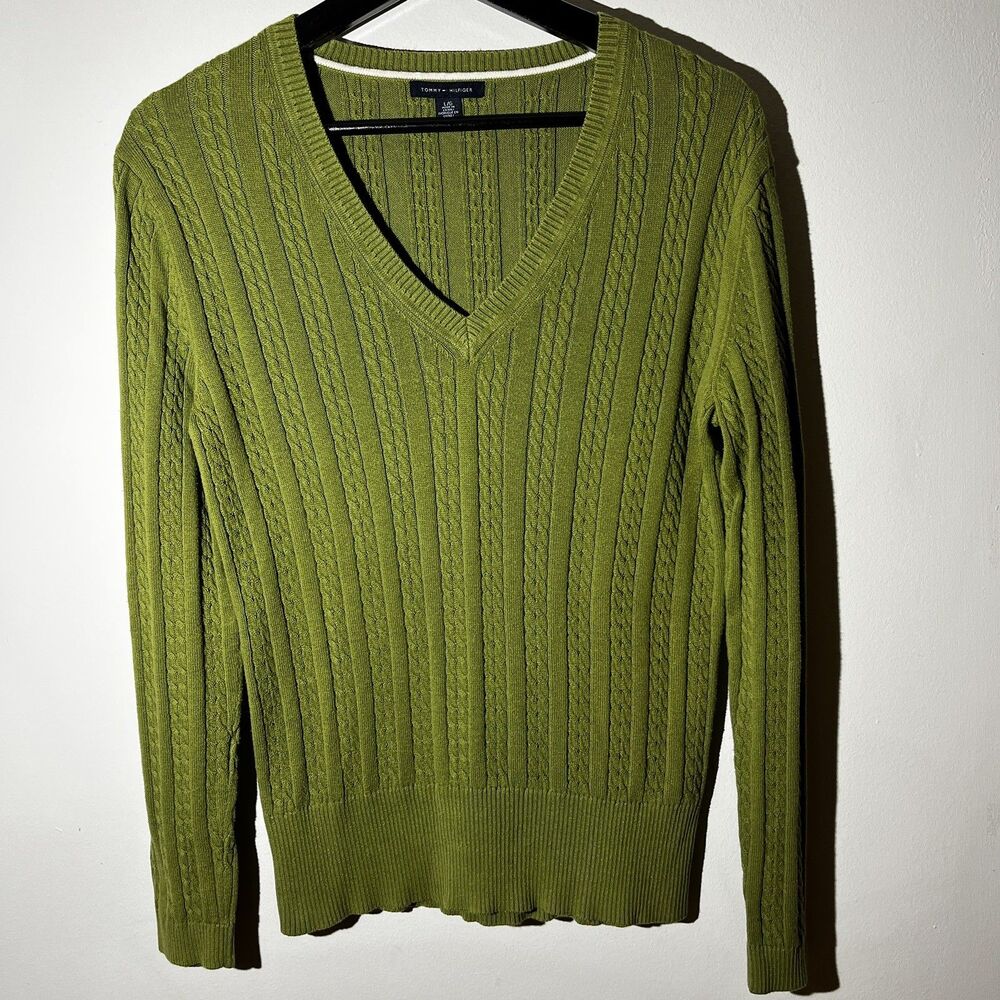Tommy Hilfiger Women V-Neck Cable Knit Y2K Sweater Size L Preppy Fall Cotton